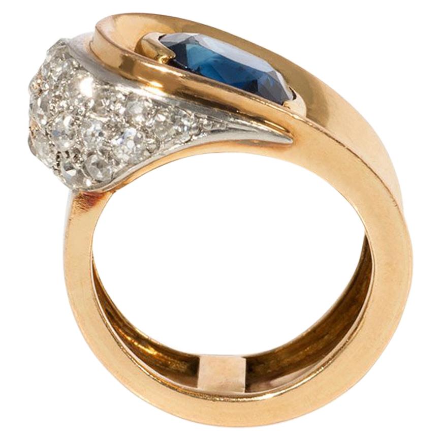 French 1940s Gold, Sapphire, and Diamond Button Design Asymmetrical Ring