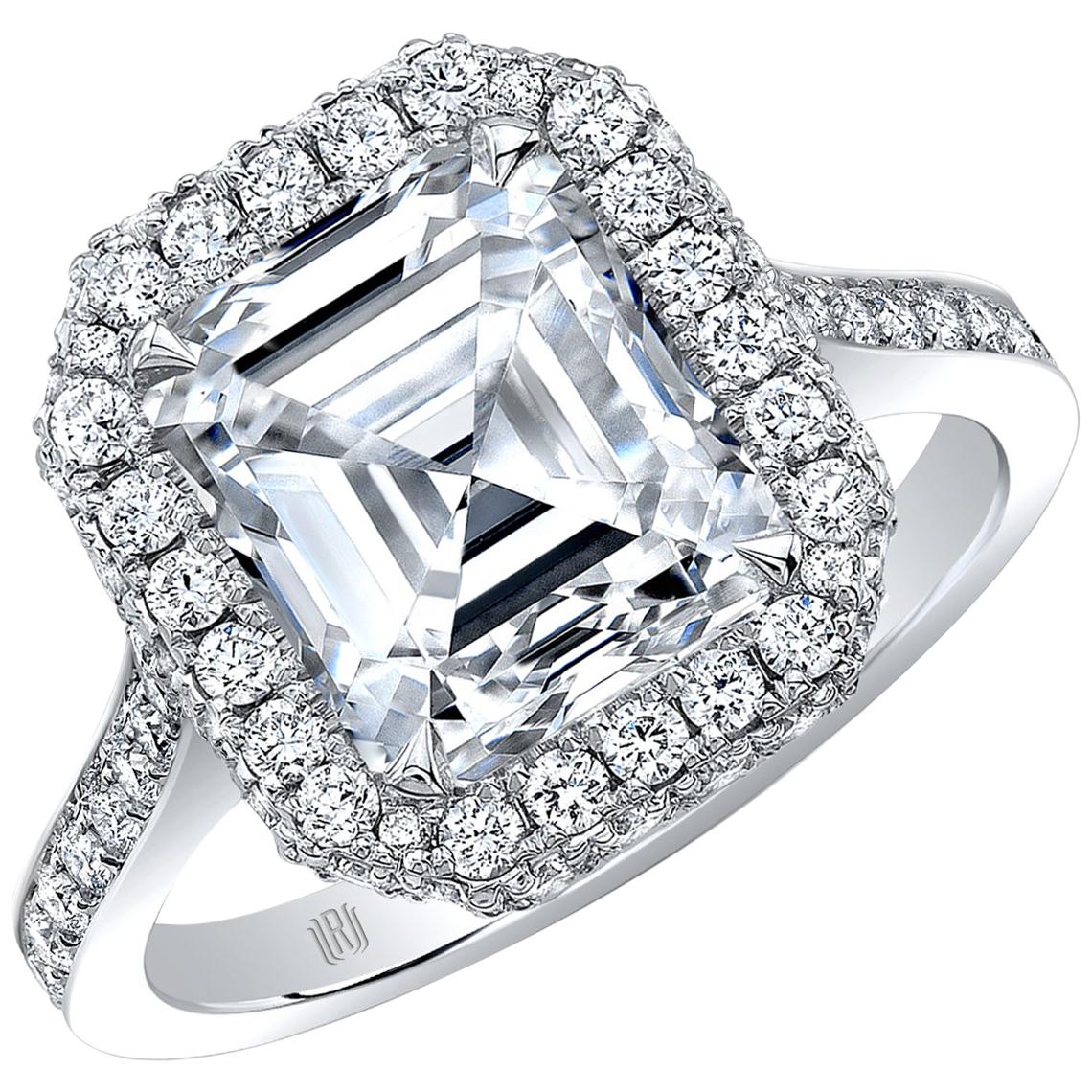 GIA Certified 2.74 Carat E/SI1 Emerald Cut Diamond Halo Engagement Ring For Sale