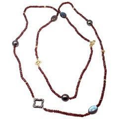 David Yurman Garnet Rondelle Pearl Diamond Yellow Gold and Silver Necklace