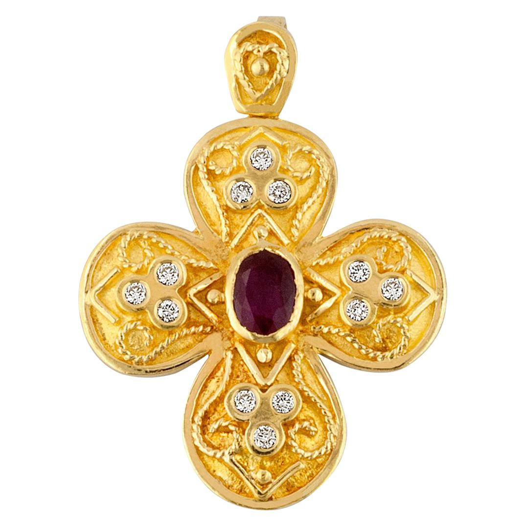 Georgios Collection 18 Karat Gold Ruby Cross with Diamonds and Granulation work 