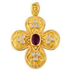 Georgios Collection 18 Karat Gold Ruby Cross with Diamonds and Granulation work 