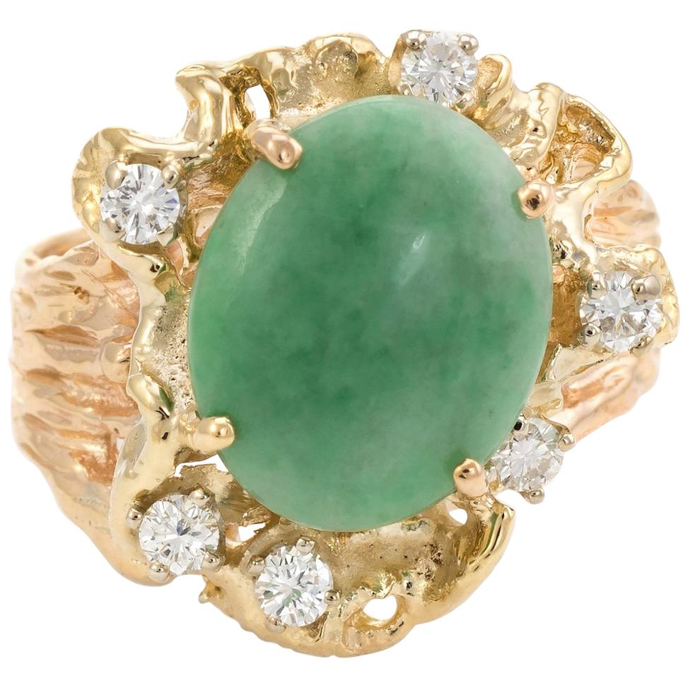 Vintage Jade Diamond Nugget Ring 14 Karat Gold Cocktail Estate Fine Jewelry
