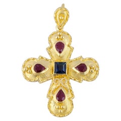 Georgios Collection 18 Karat Gold Sapphire and Ruby Cross with Granulation work 