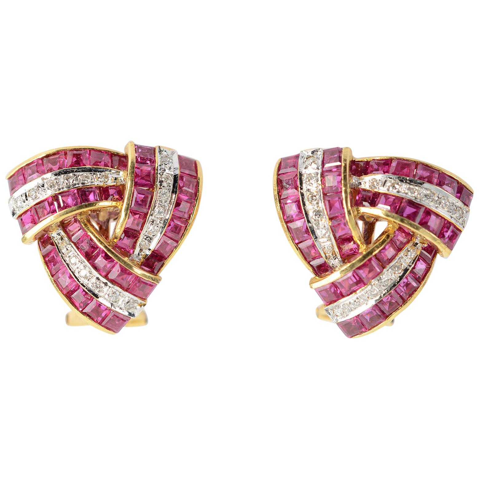 Triangular Ruby Diamond Gold Earrings