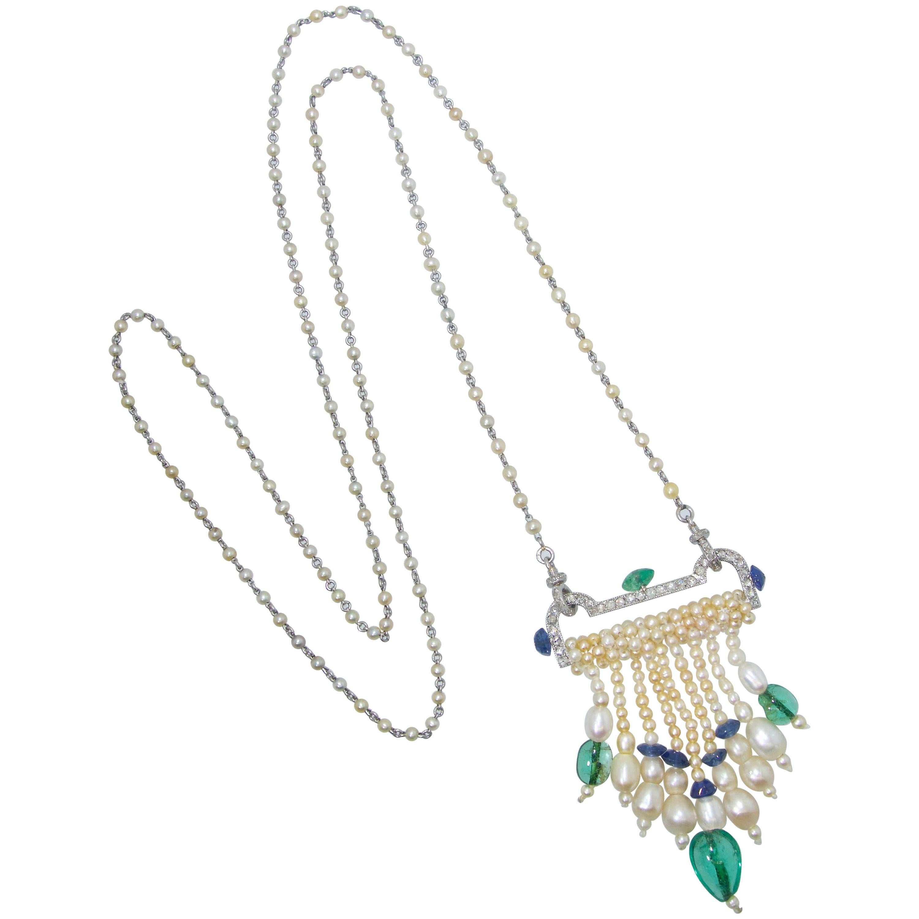 Art Deco French Diamond, Natural Pearl, Emerald, Sapphire Necklace