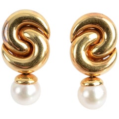 Marina B Gold Twist Earrings with Pearl Drop