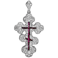 Alex Soldier Ruby Diamond Gold Greek Orthodox Cross Pendant One of a Kind