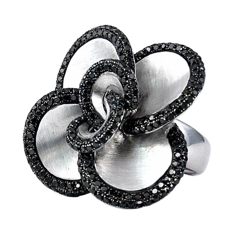 Floral Ring with Black Diamonds on 14 Karat Satin Finished White Gold in Stock For Sale