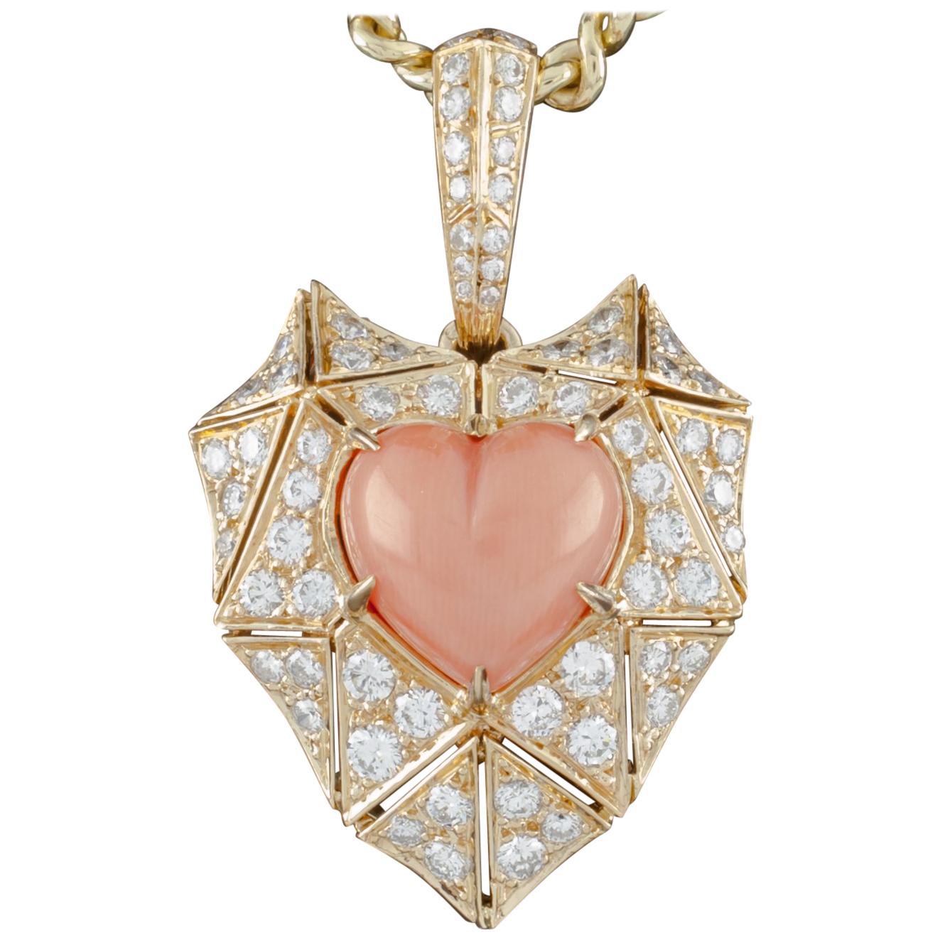 Bulgari Bvlgari High Jewelry Diamond and Coral Heart 18 Karat Gold Pendant