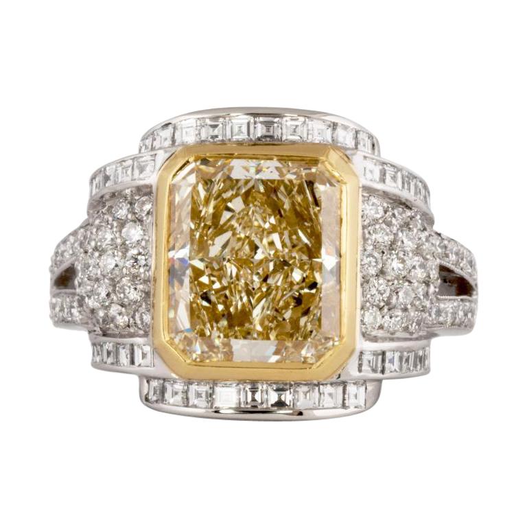 Fancy Yellow 3.87 Carat Certified Diamond Cocktail Ring in Platinum For Sale