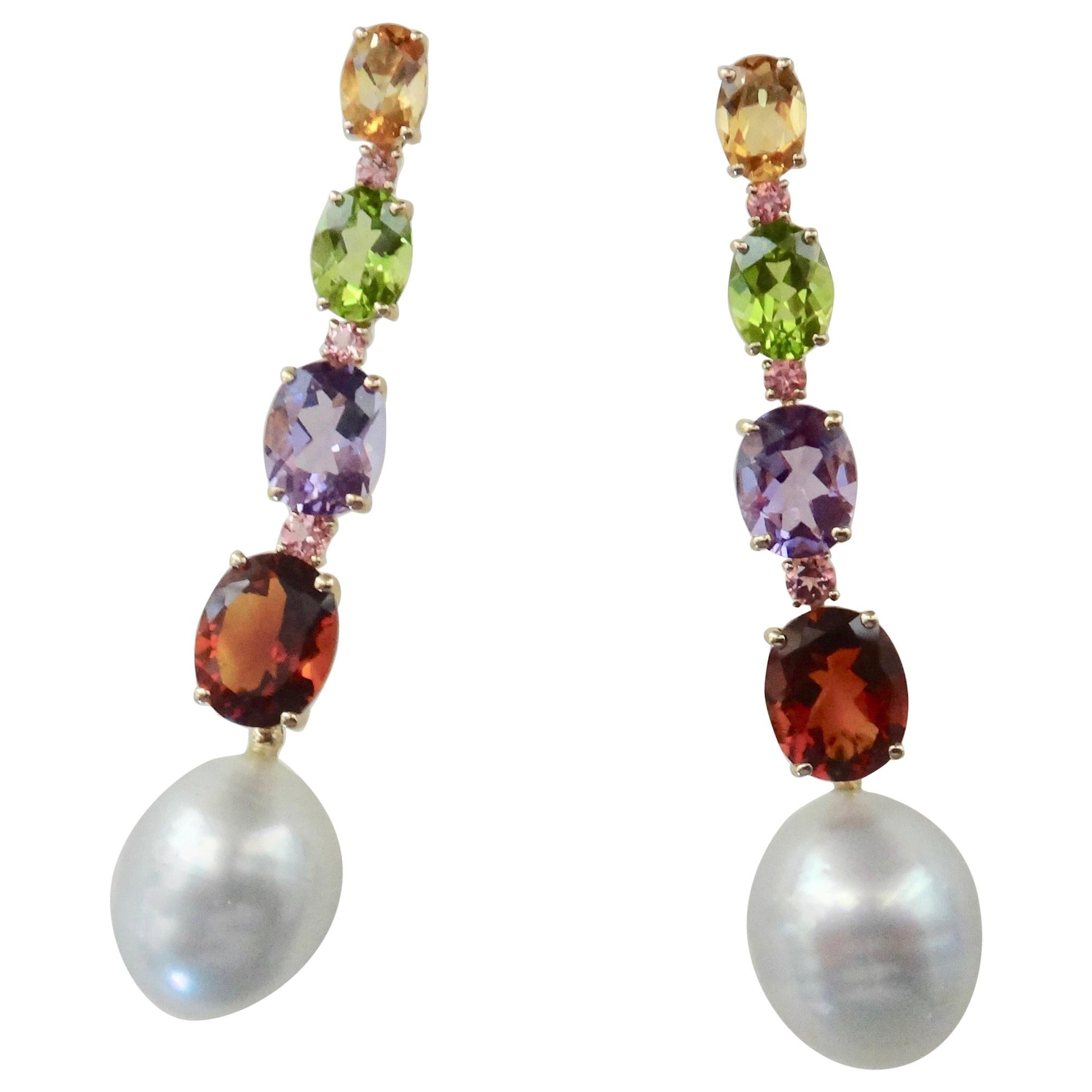 Michael Kneebone Multicolored Gemstone South Seas Pearl Dangle Earrings