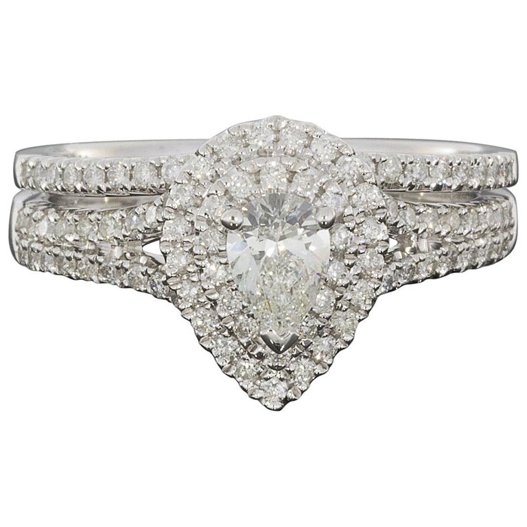 White Gold Pear Diamond Double Halo Engagement Ring Wedding Band