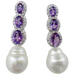 Michael Kneebone Amethyst Diamond South Seas Pearl Dangle Earrings