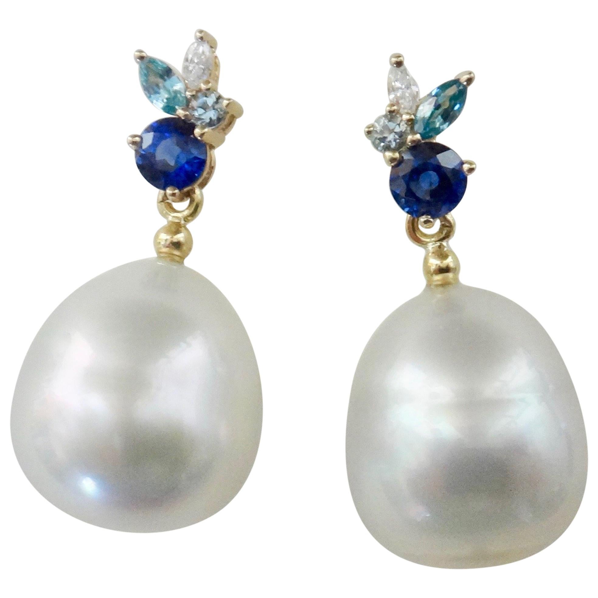 Michael Kneebone Sapphire Aquamarine Diamond South Seas Pearl Confetti Earrings