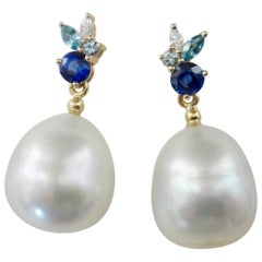 Michael Kneebone Sapphire Aquamarine Diamond South Seas Pearl Confetti Earrings