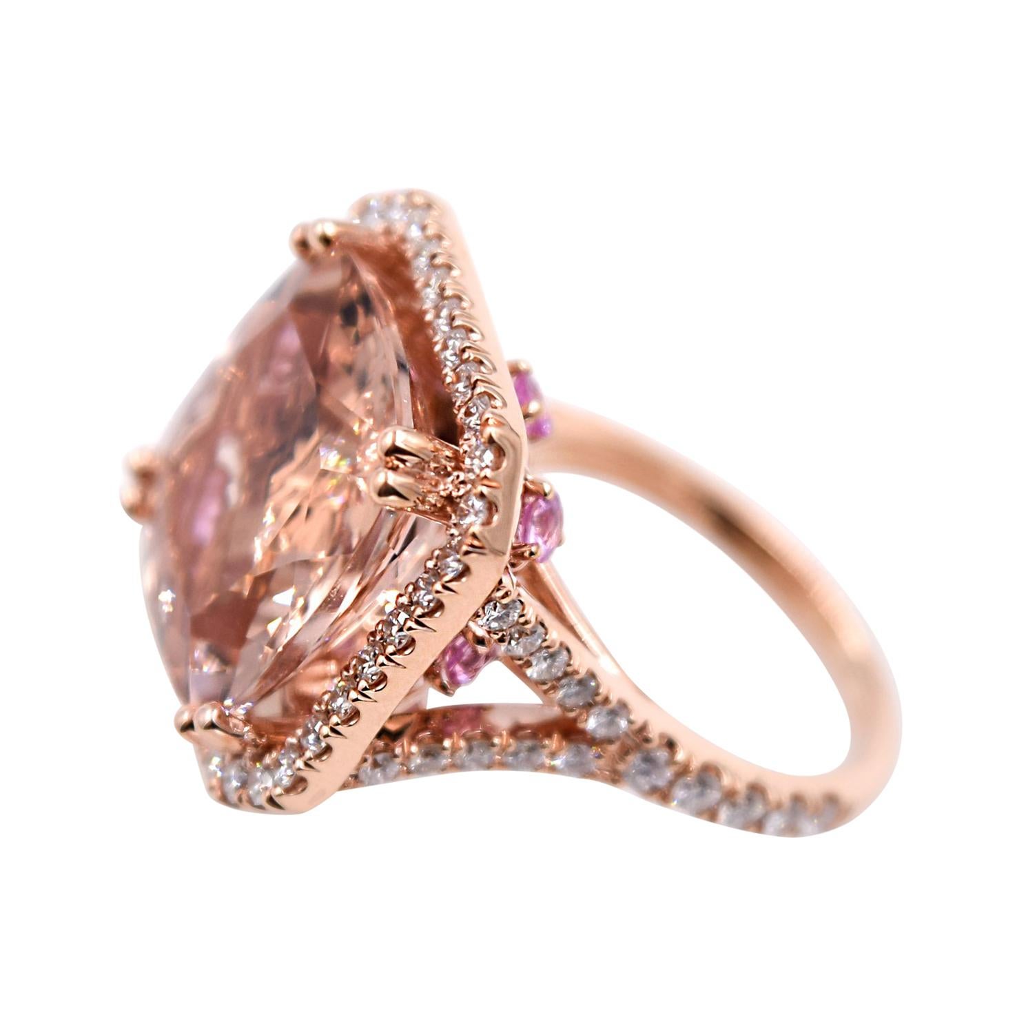 Morganite with Pink Sapphires and White Diamonds Cocktail Ring in 18 Karat Gold For Sale