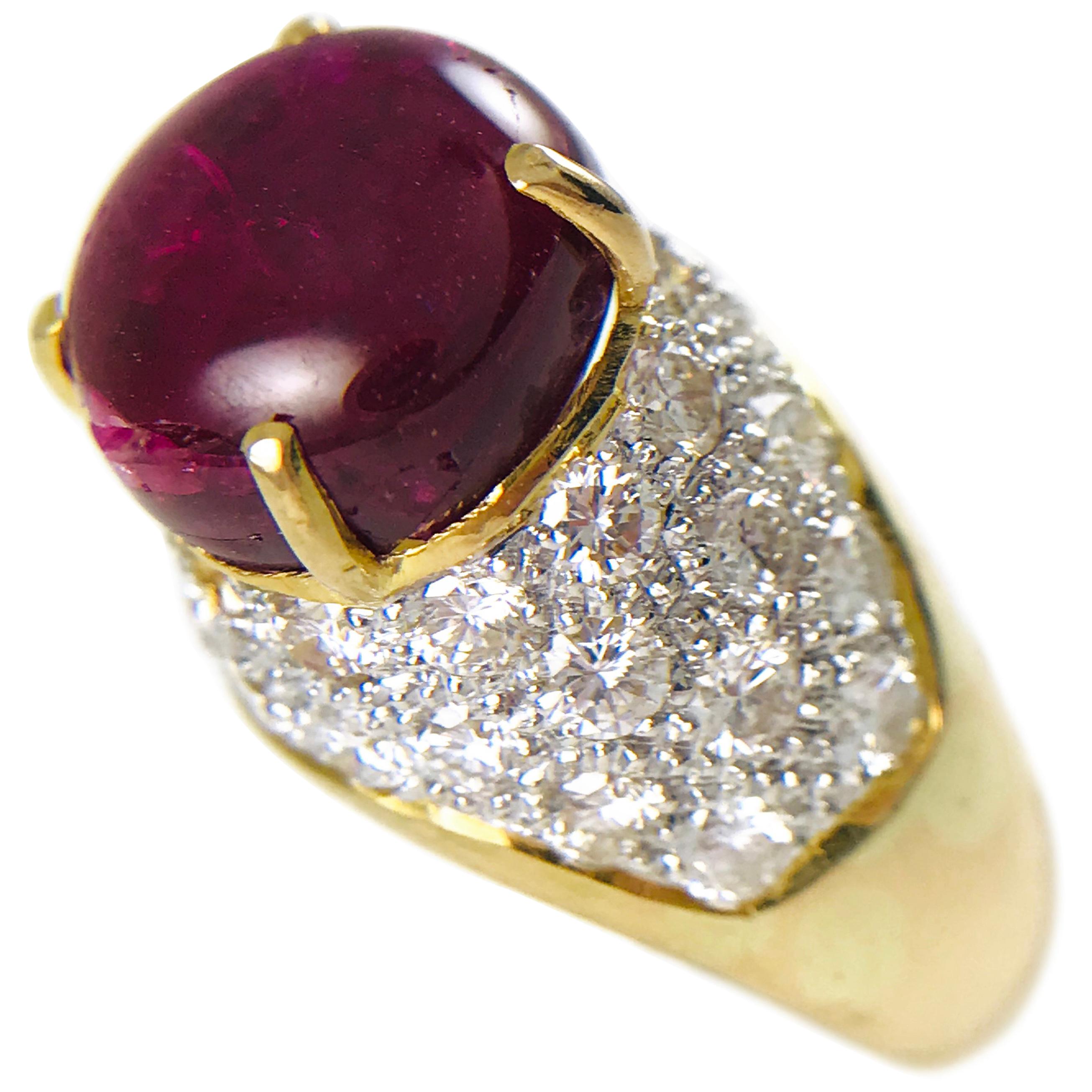 Yellow Gold Natural Ruby Cabochon Diamond Ring, circa 1995 For Sale