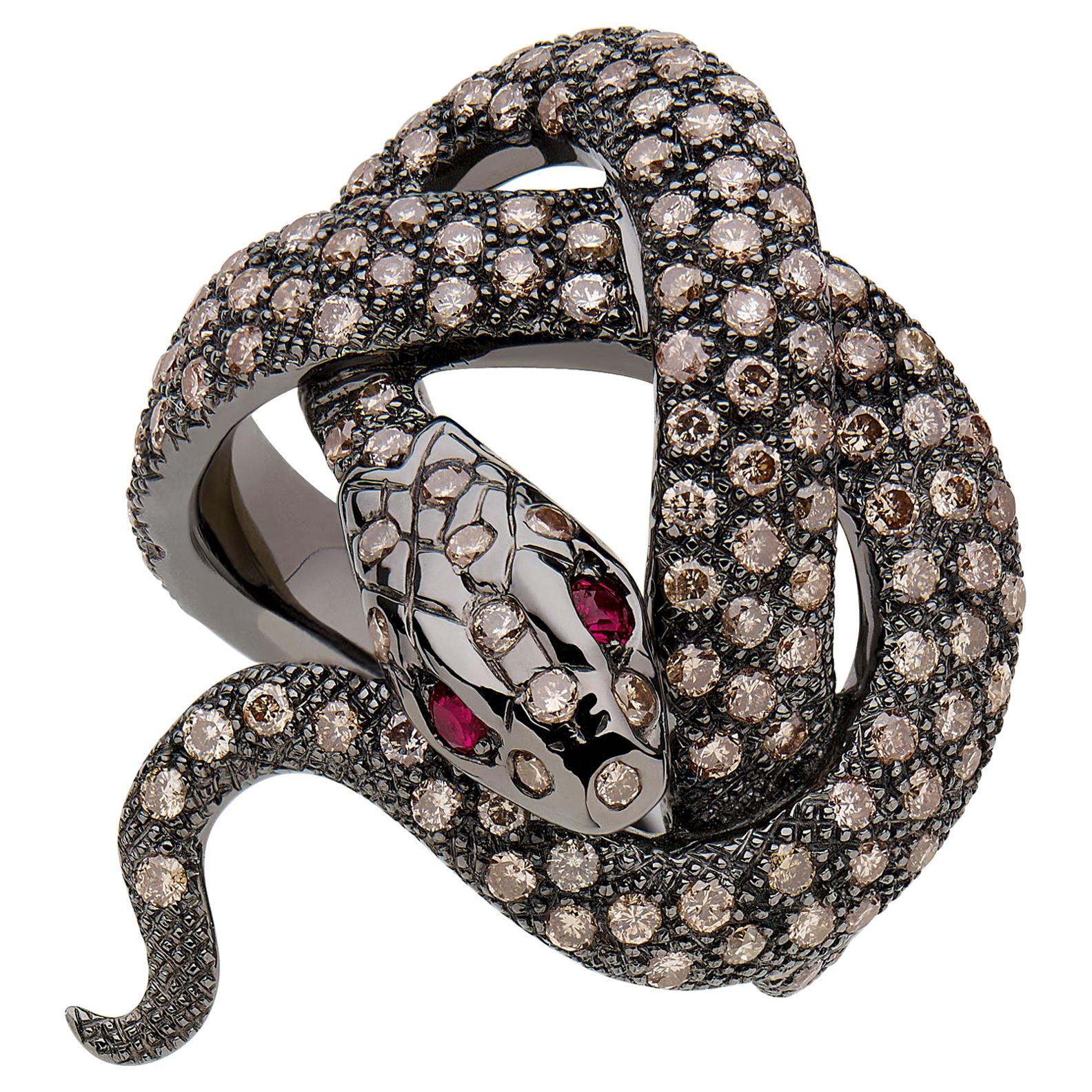 Sylvie Corbelin Signature Snake Ring in Patinated Silver and Diamonds For Sale