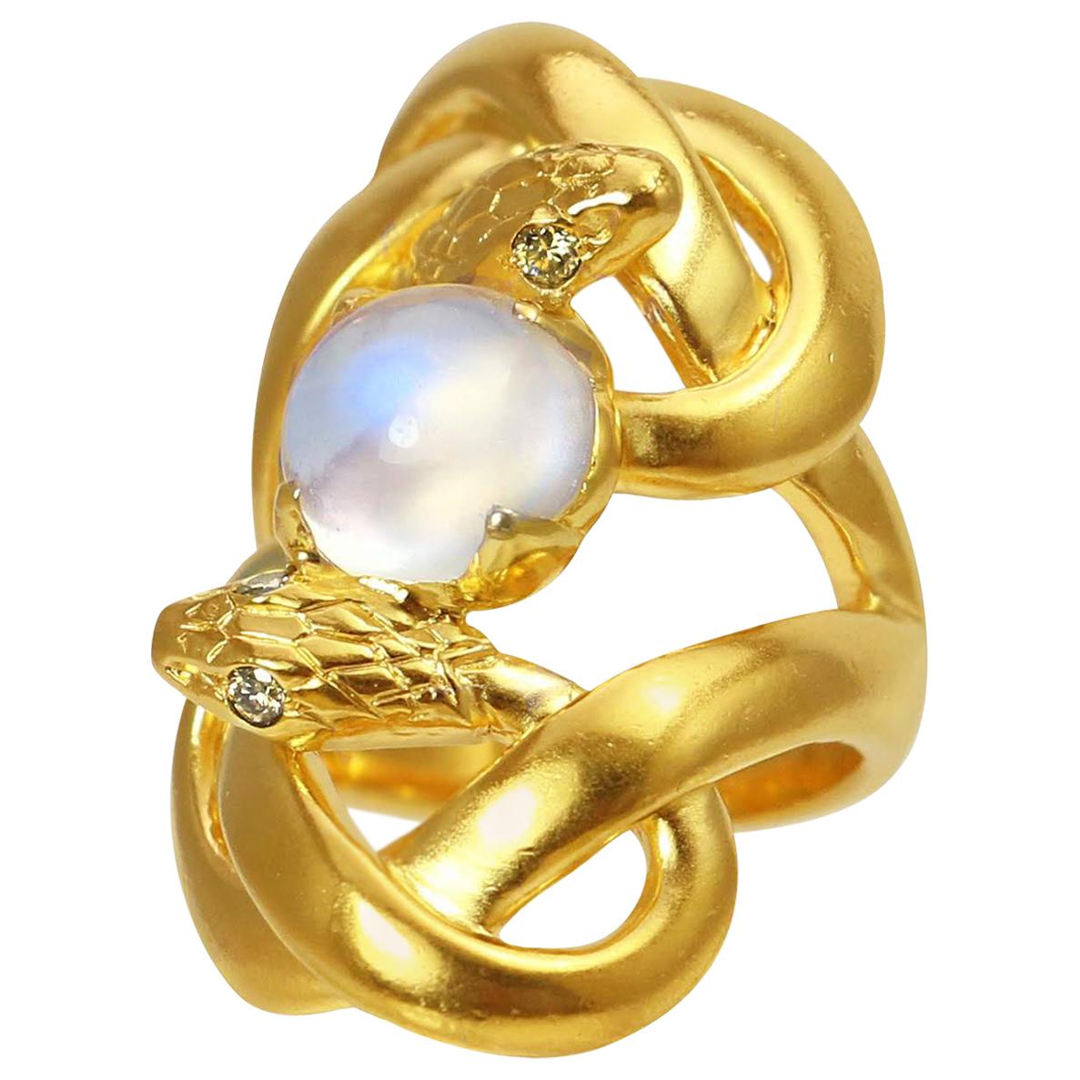 Sylvie Corbelin Unique Double Snake Ring with Moonstone in Gold and Silver For Sale