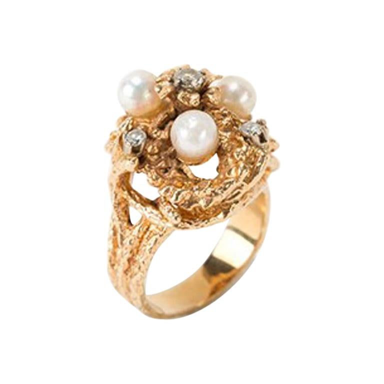 Ladies Gold Ring with Pearls and Diamonds, 1950s For Sale