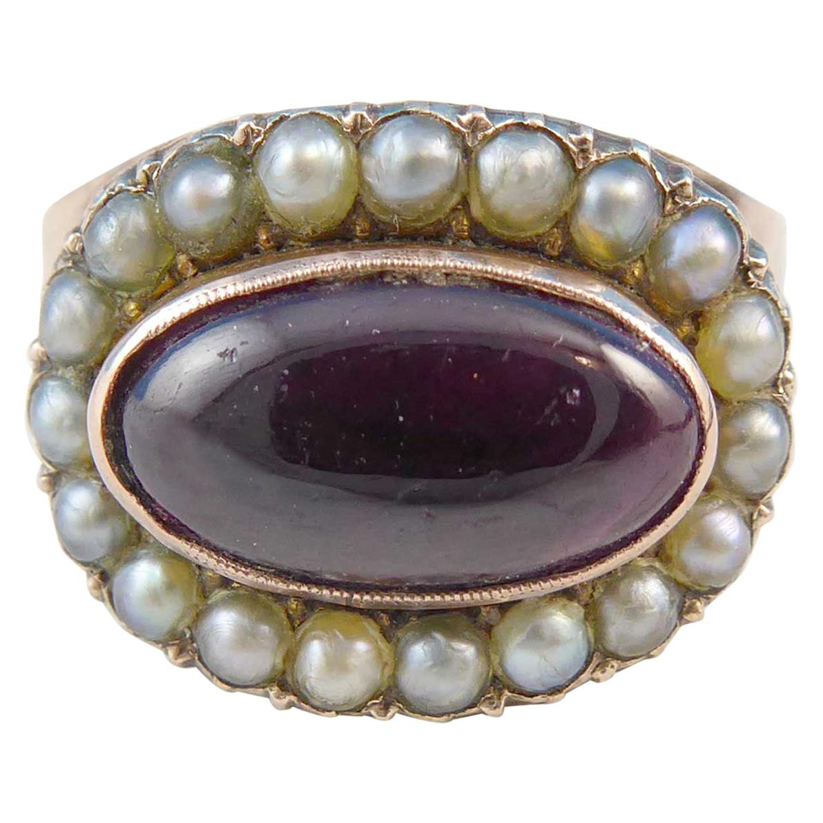Antique Georgian Style Garnet and Pearl Cluster Ring, circa 1850s
