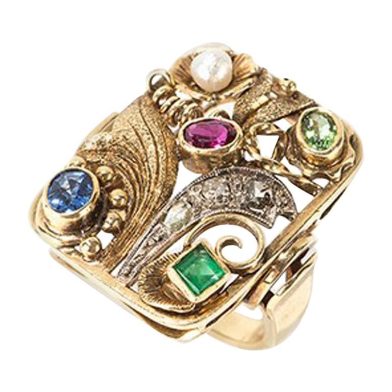 Ladies Gold Ring with Different Gemstones, 1920s