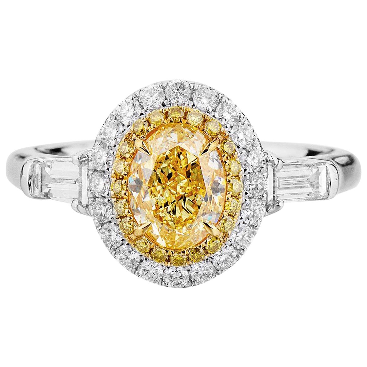 GIA Certified White Gold Oval Fancy Yellow Halo Diamond Ring, 1.71 Carat