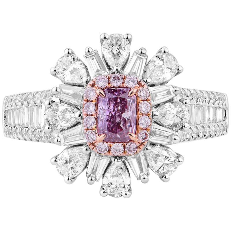 GIA Certified Gold Fancy Pink Radiant Cut and White Diamond Ring, 1.44 Carat For Sale