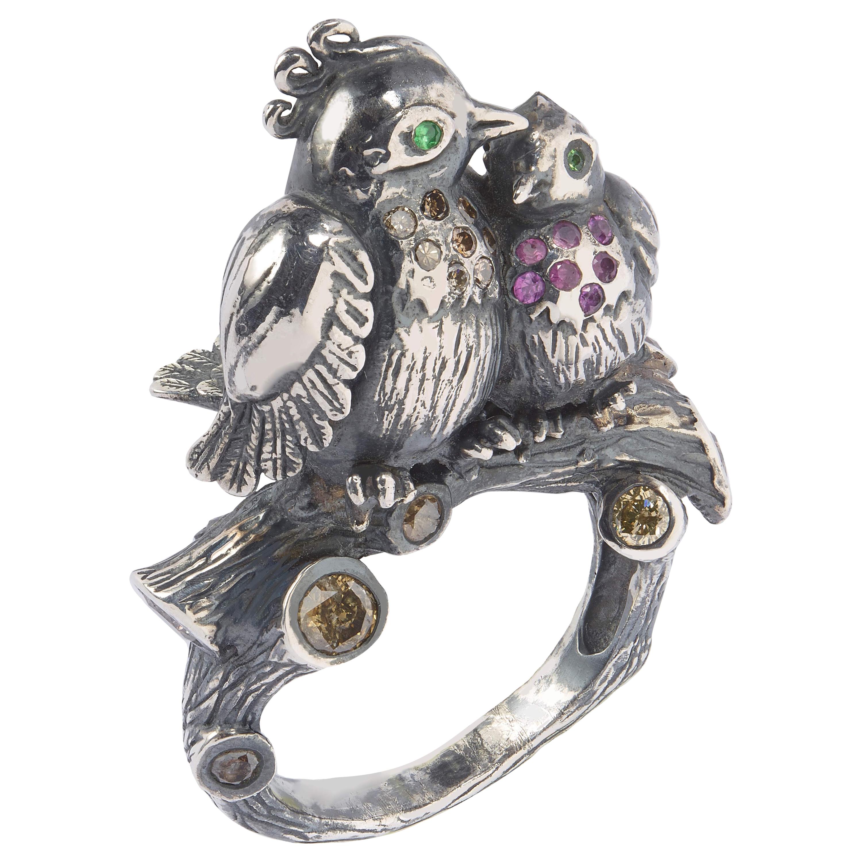 Sylvie Corbelin Limited Edition of Silver Love Birds Ring  For Sale