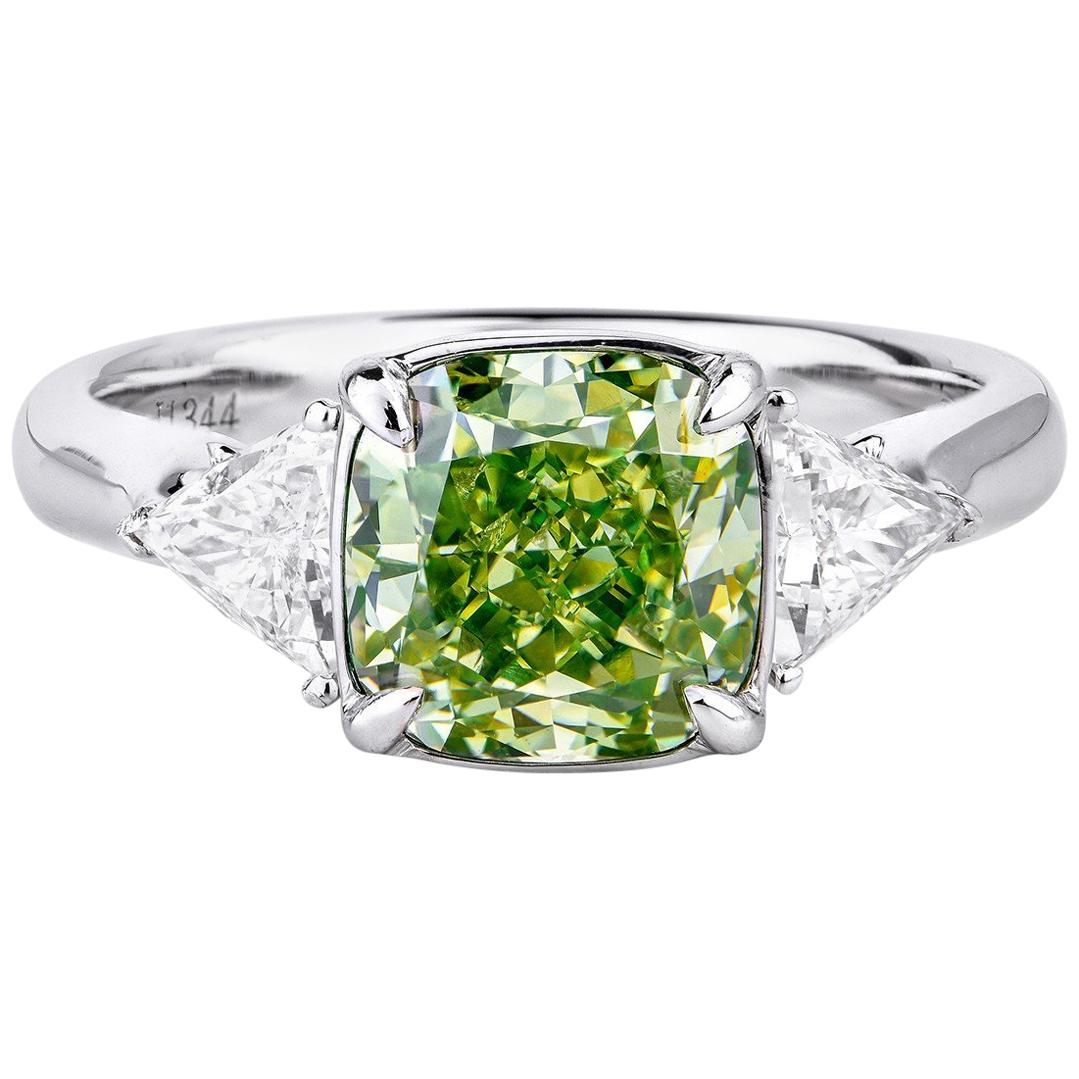 GIA Certified White Gold Fancy Green Cushion Cut Diamond Ring, 2.97 Carat For Sale