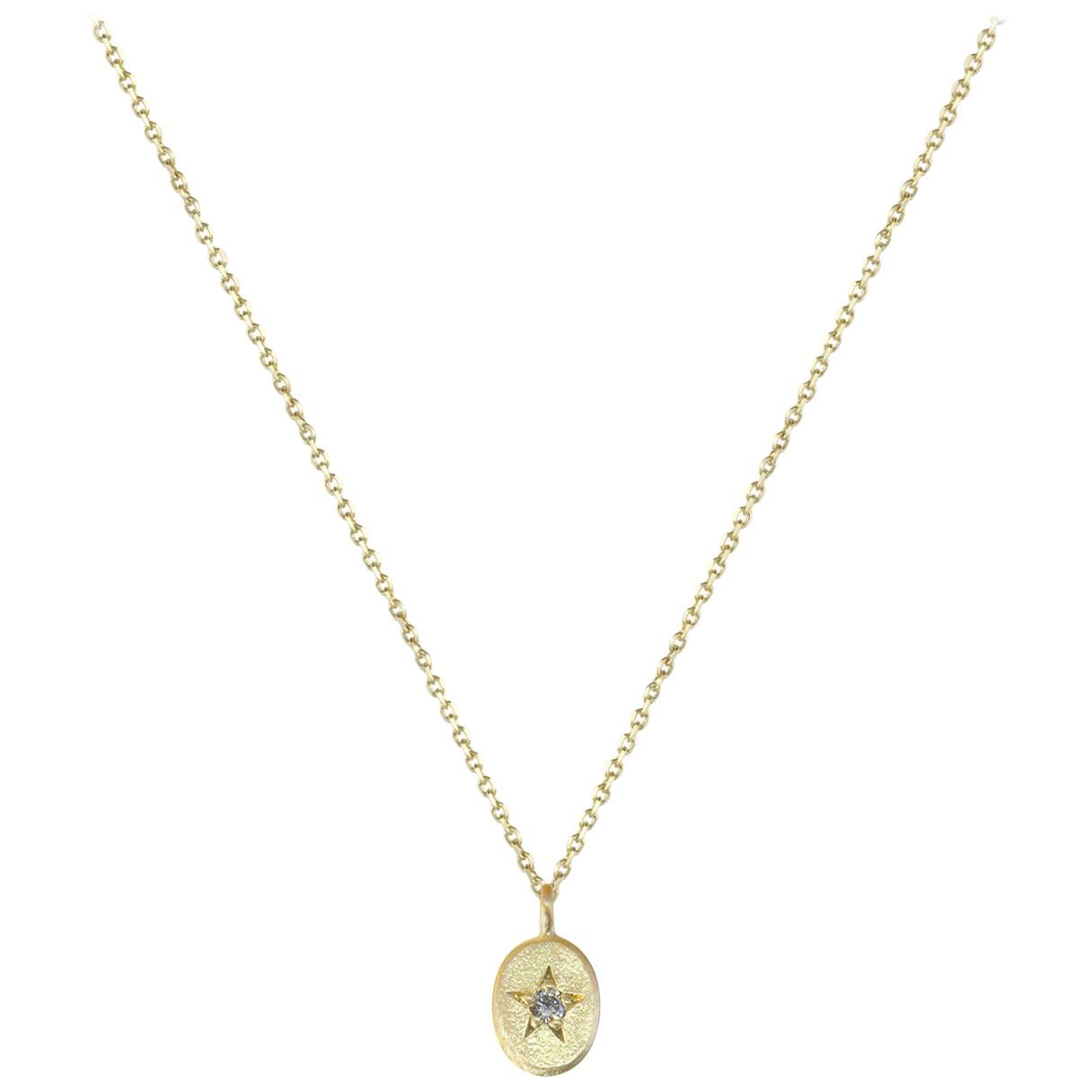 Sweet Pea 18k Yellow Gold Necklace with Oval Diamond Set Star Pendant For Sale