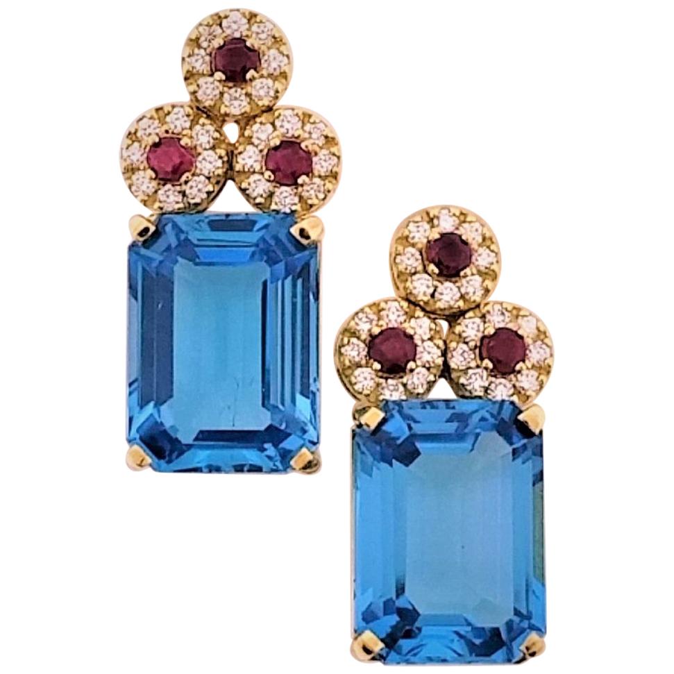 18 Karat Yellow Gold, Blue Topaz '28.51 Carat', Ruby '0.83 Carat', Earrings For Sale