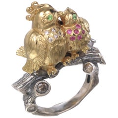 Sylvie Corbelin Patinated Silver and Vermeil Love Birds Ring with Diamonds