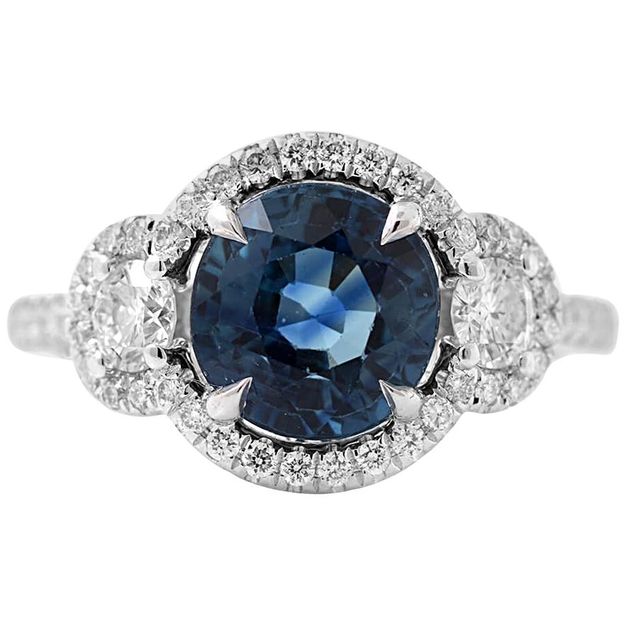 White Gold Oval Blue Sapphire Ring with White Diamonds, 3.88 Carat