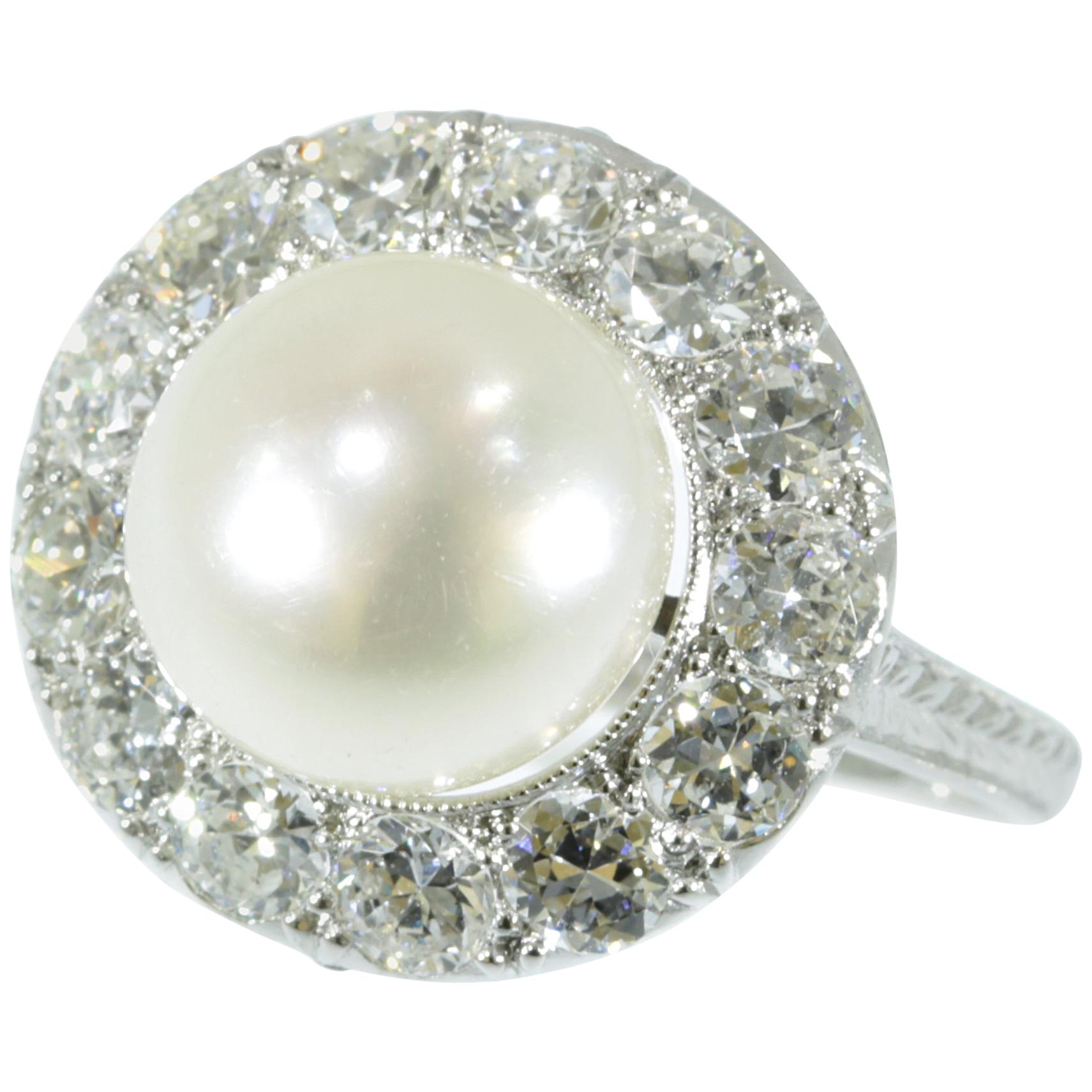 Diamond and Pearl Platinum Estate Engagement Ring For Sale
