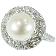 Retro Diamond and Pearl Platinum Estate Engagement Ring