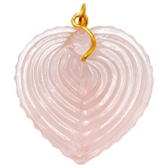 Hand Carved Rose Quartz Large Heart Shell 22 Karat Gold Pendant