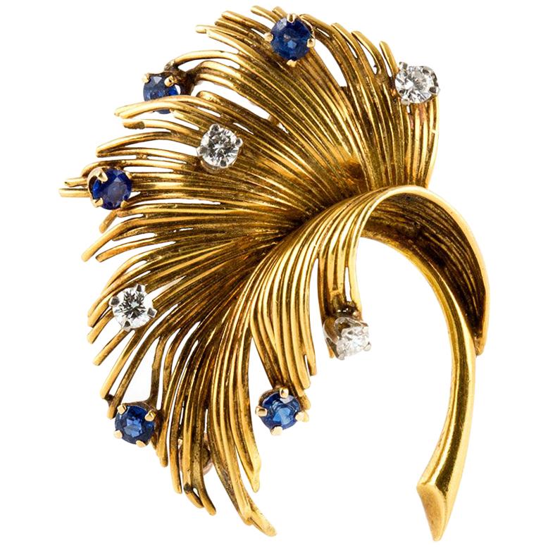 Vintage Tiffany & Co. Leaf Brooch with Sapphires and Diamonds For Sale