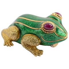 David Webb Gold and Enamel Frog Brooch with Ruby Eyes