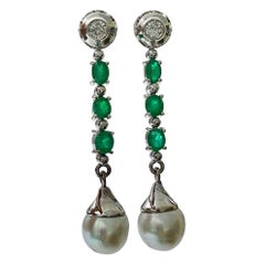 Diamond Emeralds and South Sea Pearl Dangle Drop Earrings 18 Karat