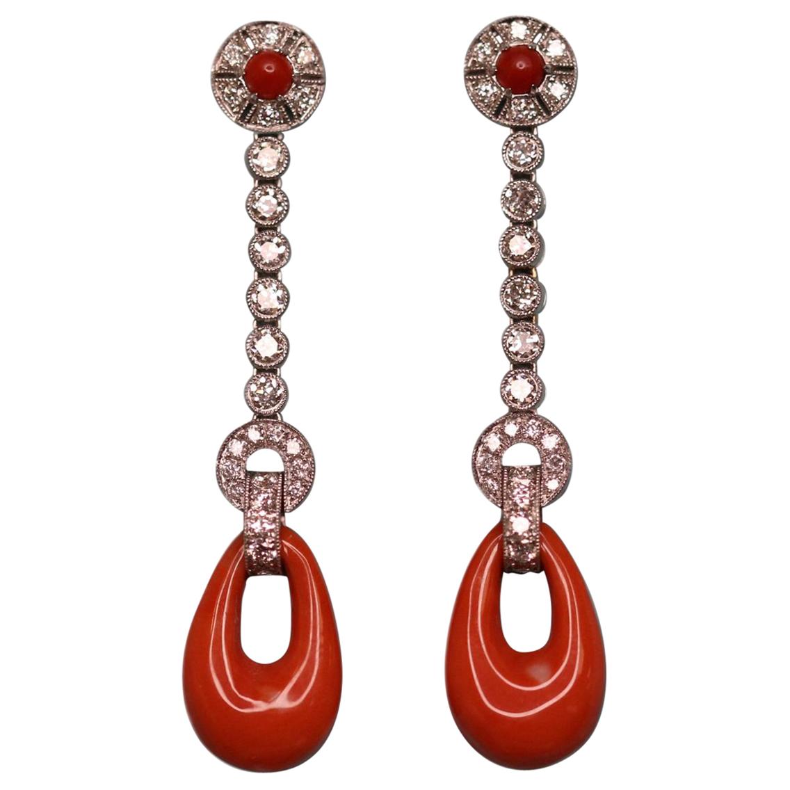 Edwardian Style Diamond Coral 18 Karat White Gold Earrings