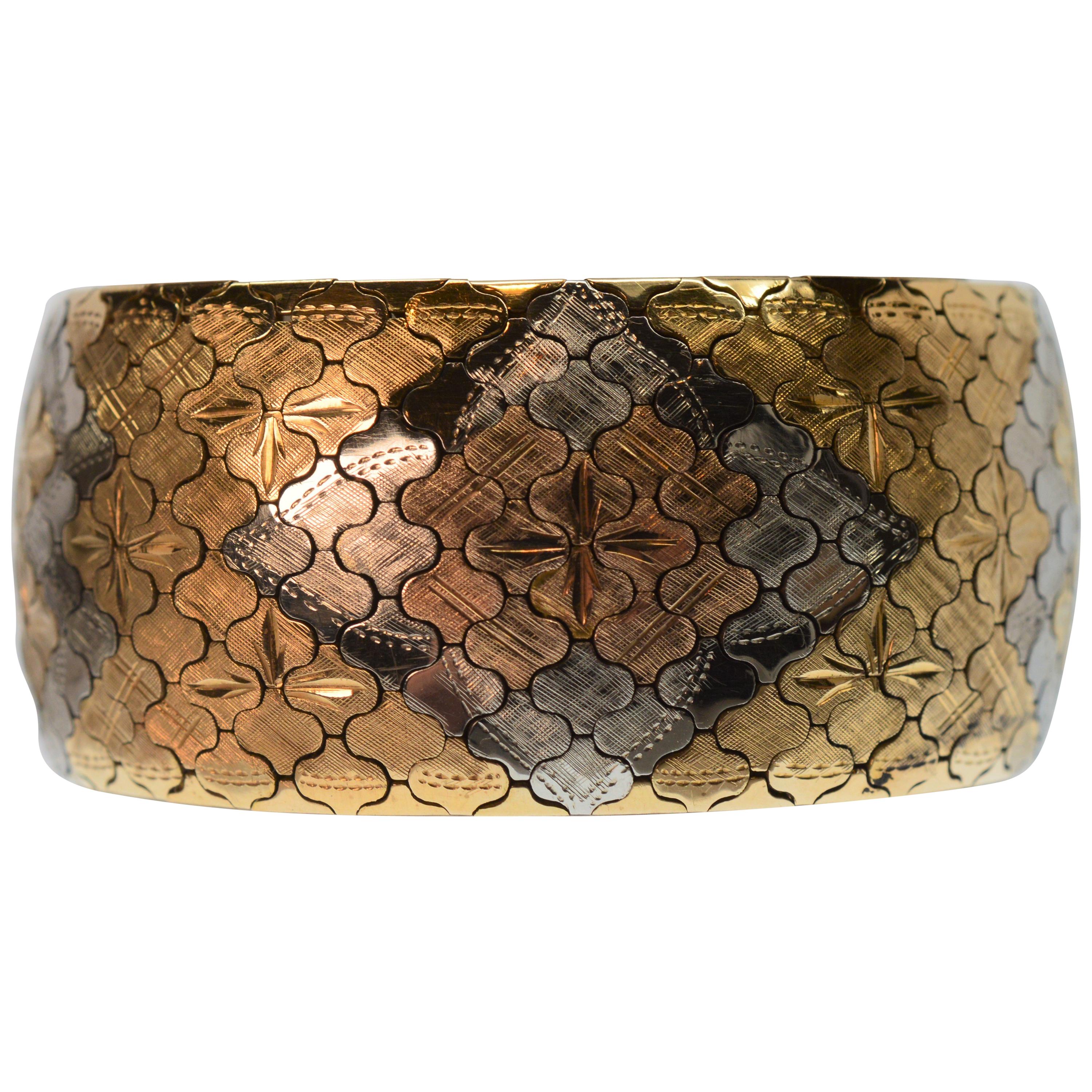 Italian Tri Color 18 Karat Gold Wide Geo Flex Link Cuff Bracelet  For Sale