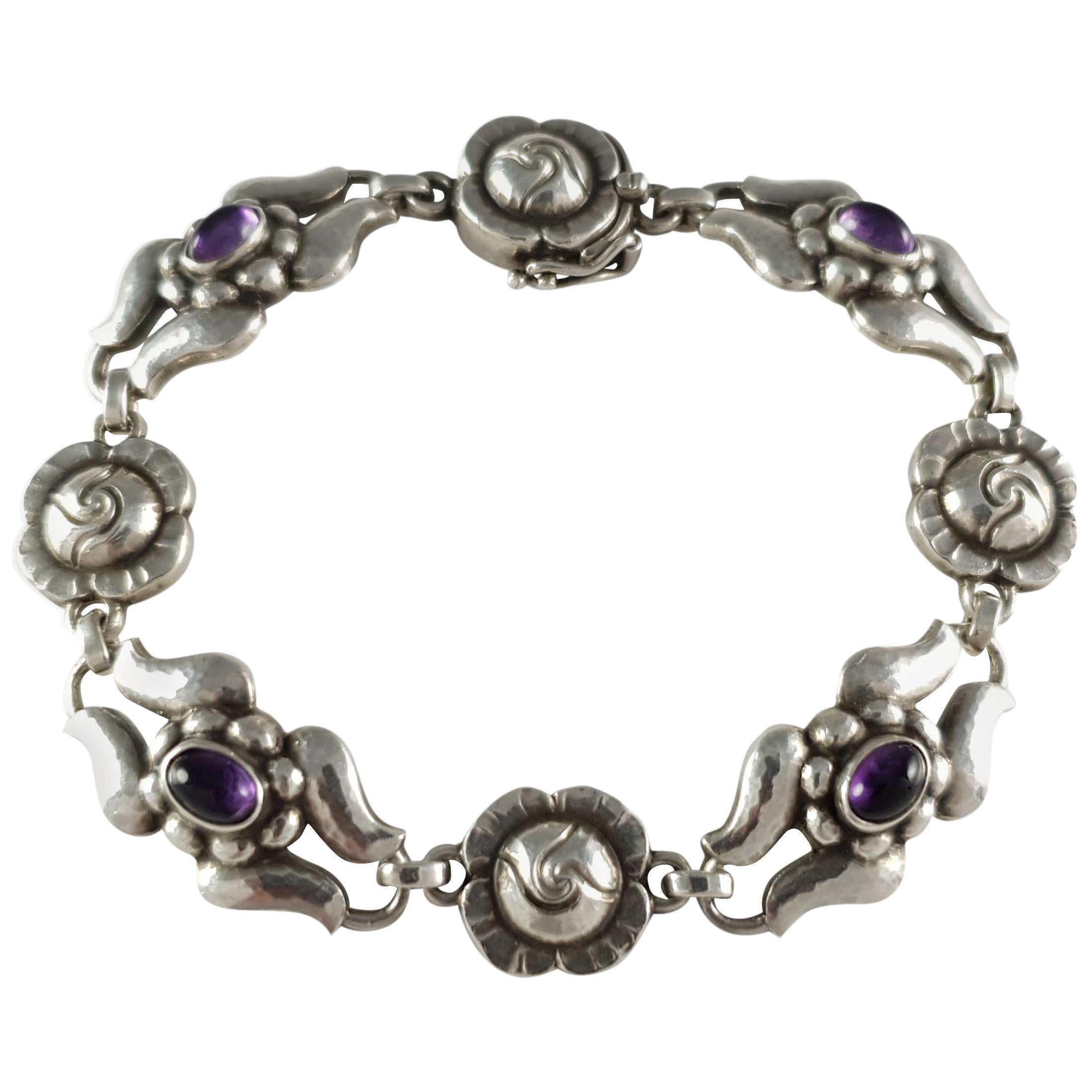 Georg Jensen Silver Amethyst Foliate Bracelet, #18, circa 1933-1944  