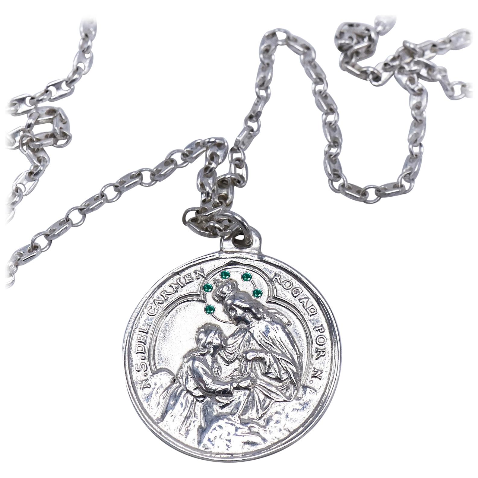 Medal Chain Necklace Miraculous Virgin Mary Emerald Silver J Dauphin For Sale