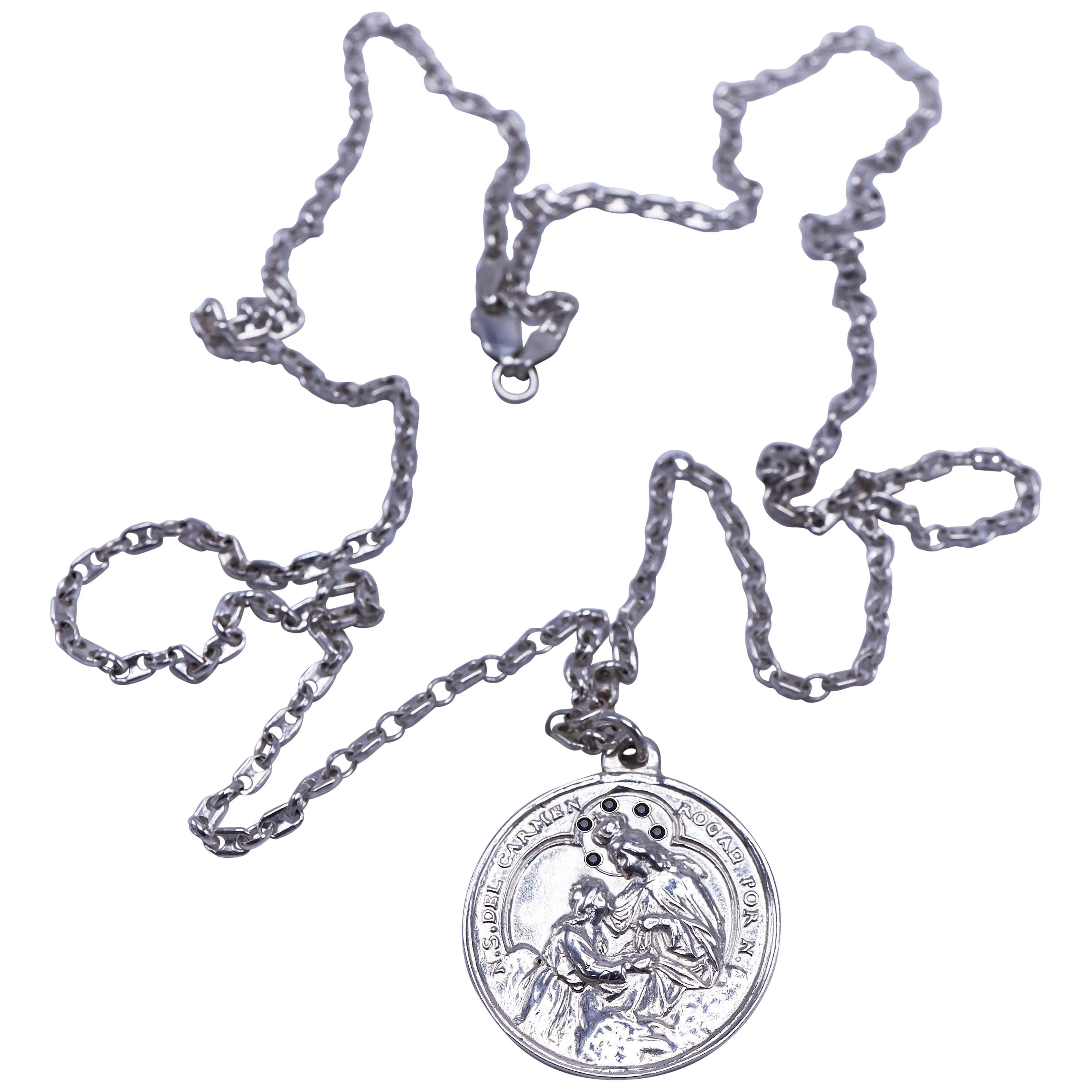 Collier Chaîne Médaille Miraculeuse Vierge Marie Diamant Noir Argent J Dauphin en vente