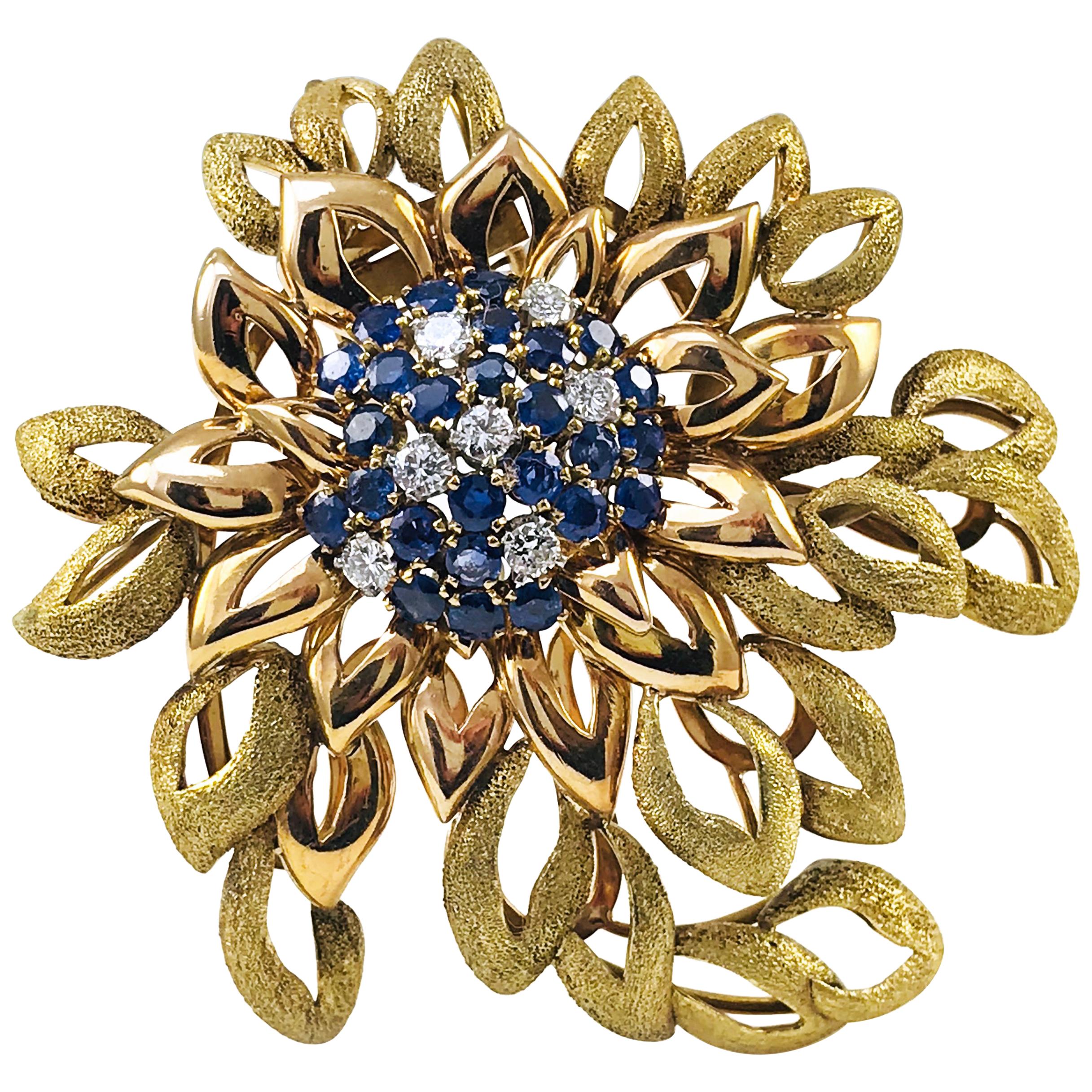Two-Tone Gold Sapphire Diamond Pendant Brooch, Circa 1920s For Sale