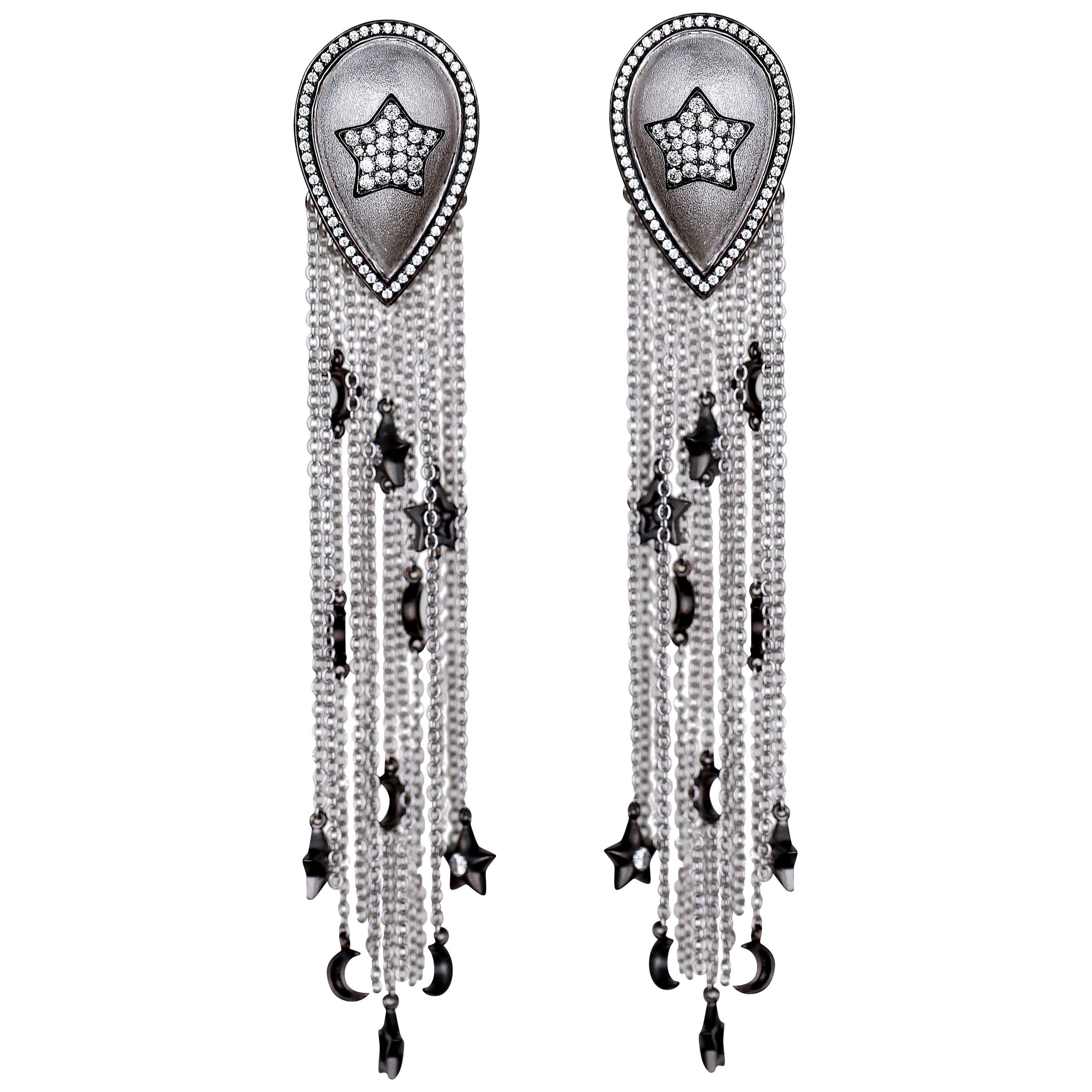 Stars and Moons Charms on Tassels Earrings Sterling Silver Plated Rhodium