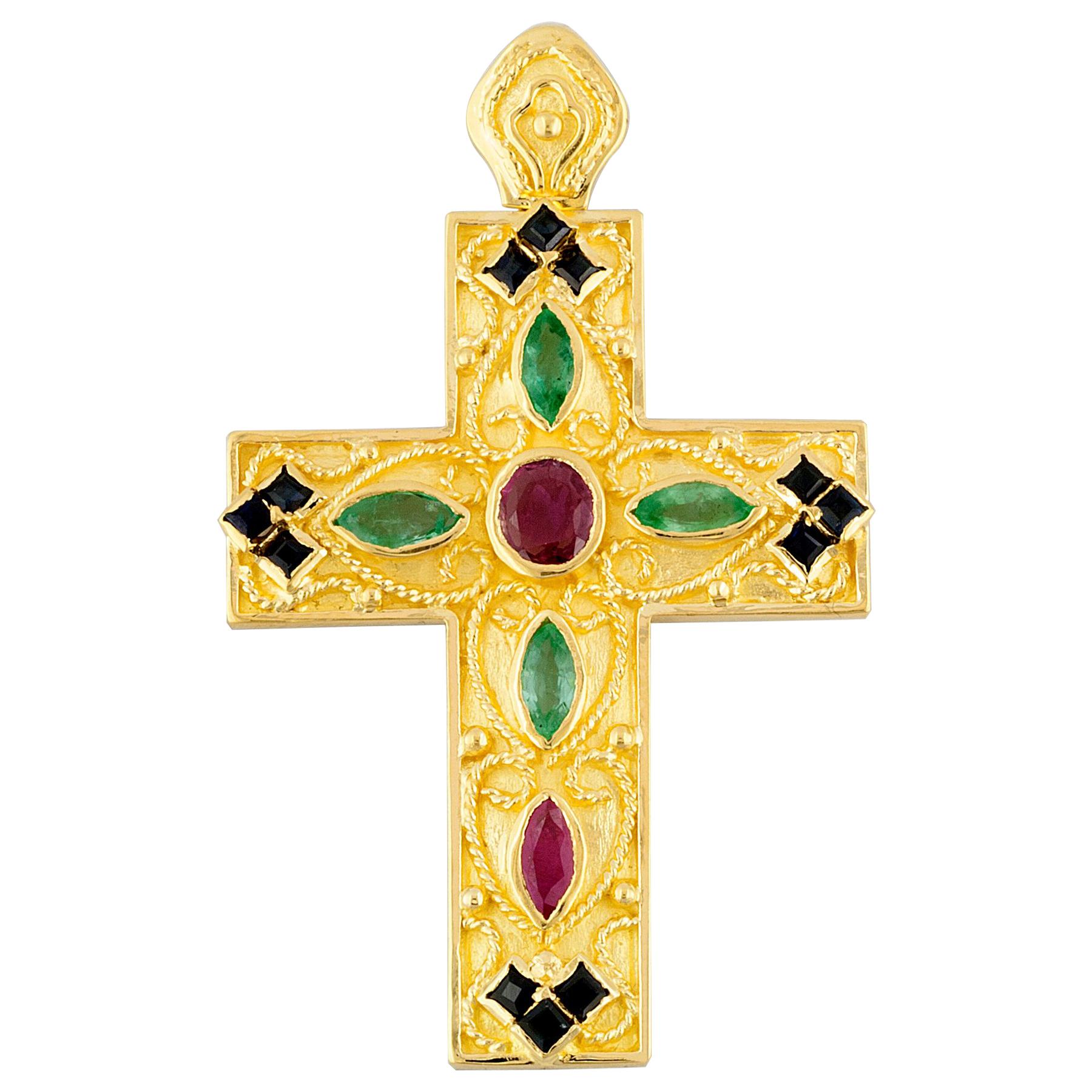 Georgios Collection 18 Karat Yellow Gold Ruby Sapphire Emerald Byzantine Cross  