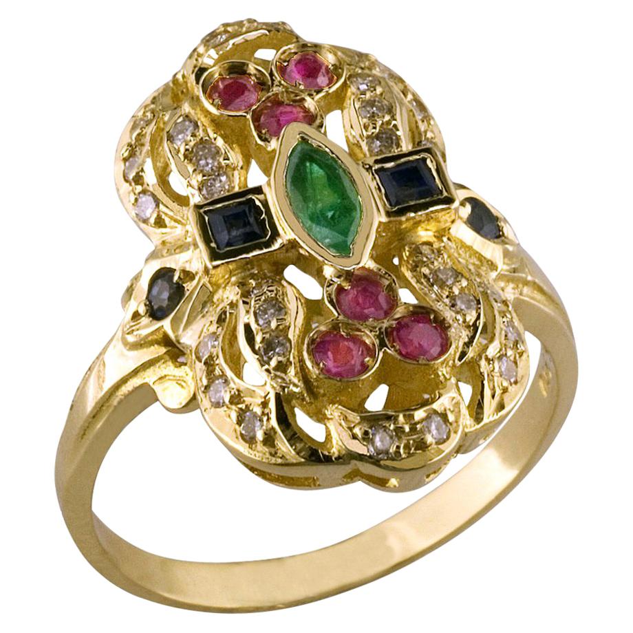Georgios Collections 18 Karat Yellow Gold Byzantine Style Multicolour Gem Ring  For Sale