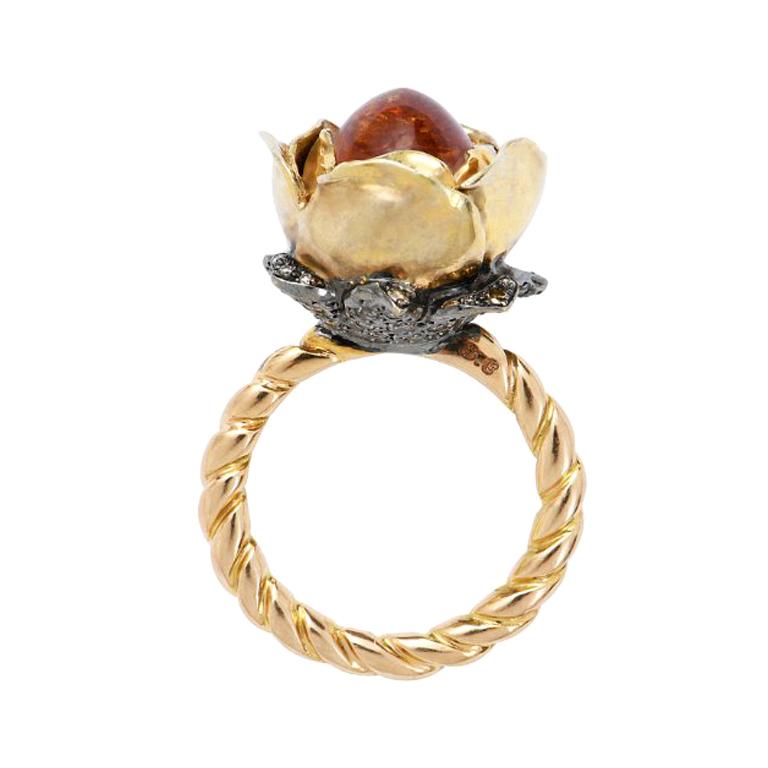 Sylvie Corbelin One of a Kind One Rose Flower Ring with Spessartite Garnet For Sale